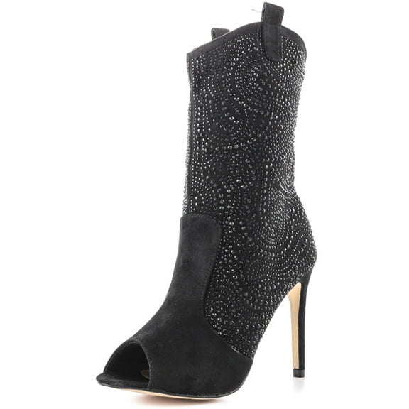 Lauren Lorraine Layla Suede Rhinestone Peep Toe Cowboy Prom Stiletto Dress Boots (Black, 5.5)