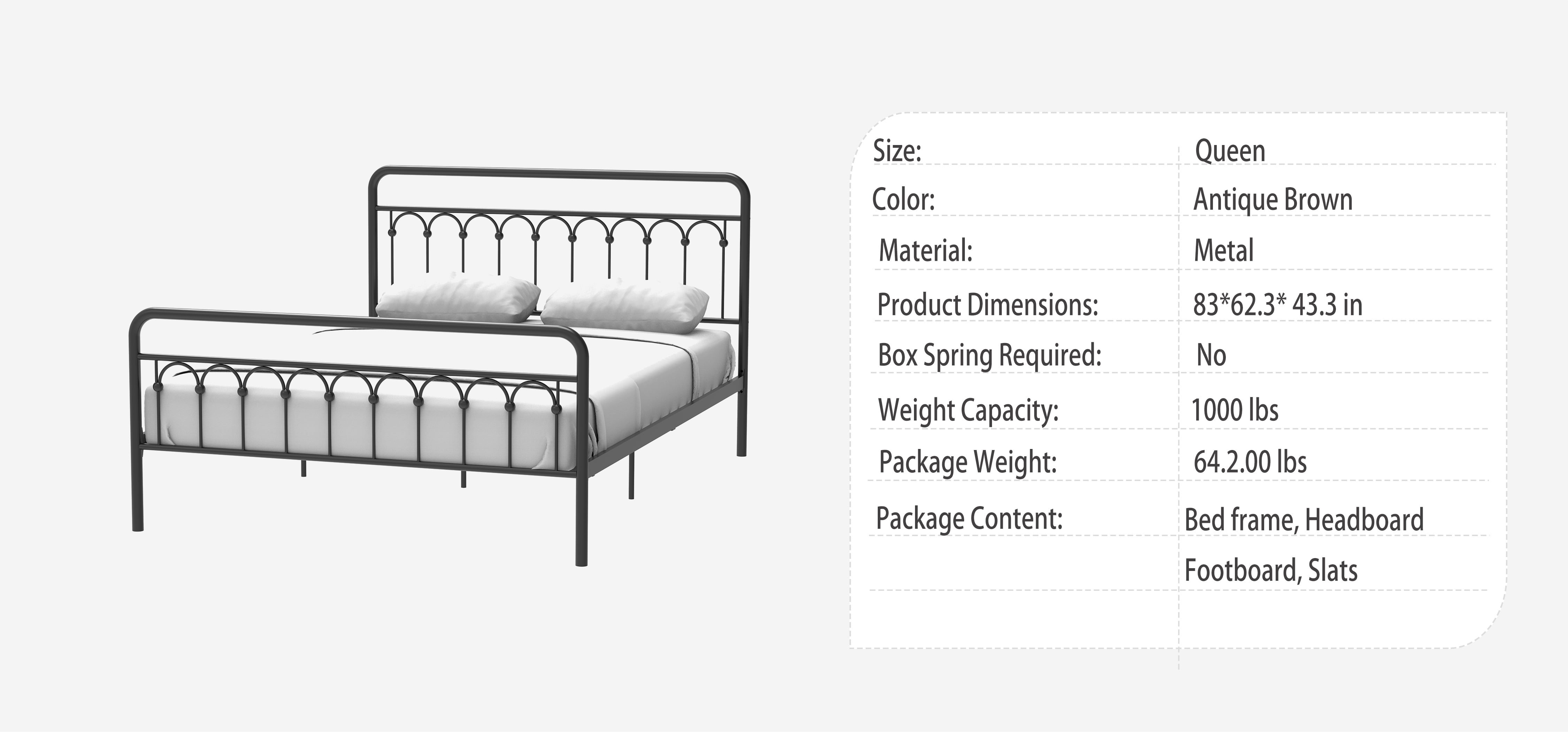 Euroco Metal Queen Size Platform Bed with Headboard and Footboard, Antique Brown