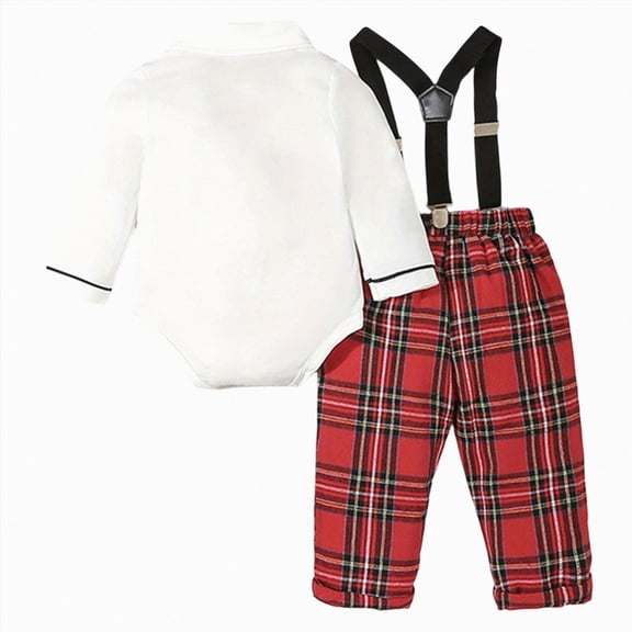 9-12 Months Newborn Bodysuit Romper Toddler Boy Clothing Sets Plaid Shirt Bowtie And Suspender Strap Pants Outfits Long Sleeve Newborn Fall Winter Clothes,Red Jumpsuit