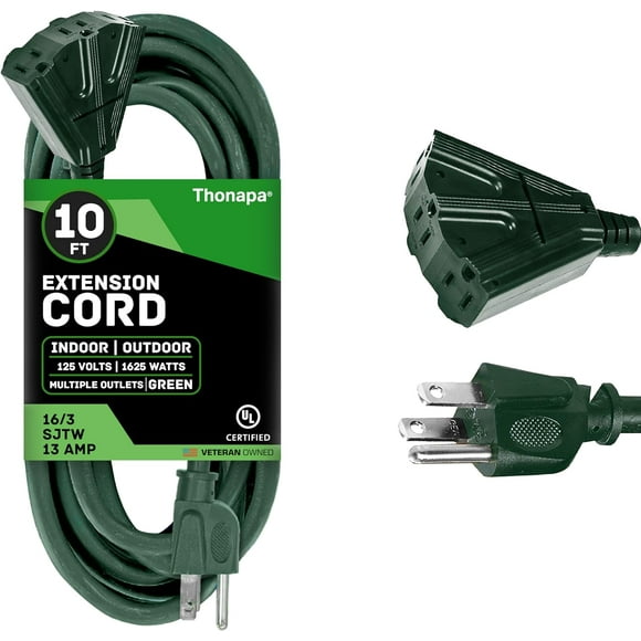SHIQI-10 Ft Outdoor Extension Cord with 3 Electrical Power Outlets - 16/3 Durable Green Cable - Great for Garden and Major Appliances