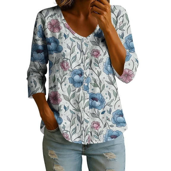 Blue Pink Peony Floral Print Blouse V Neck Full Button Three Quarter Sleeve Loose Casual Top for Women Spring Summer Daily Wear S-XXL