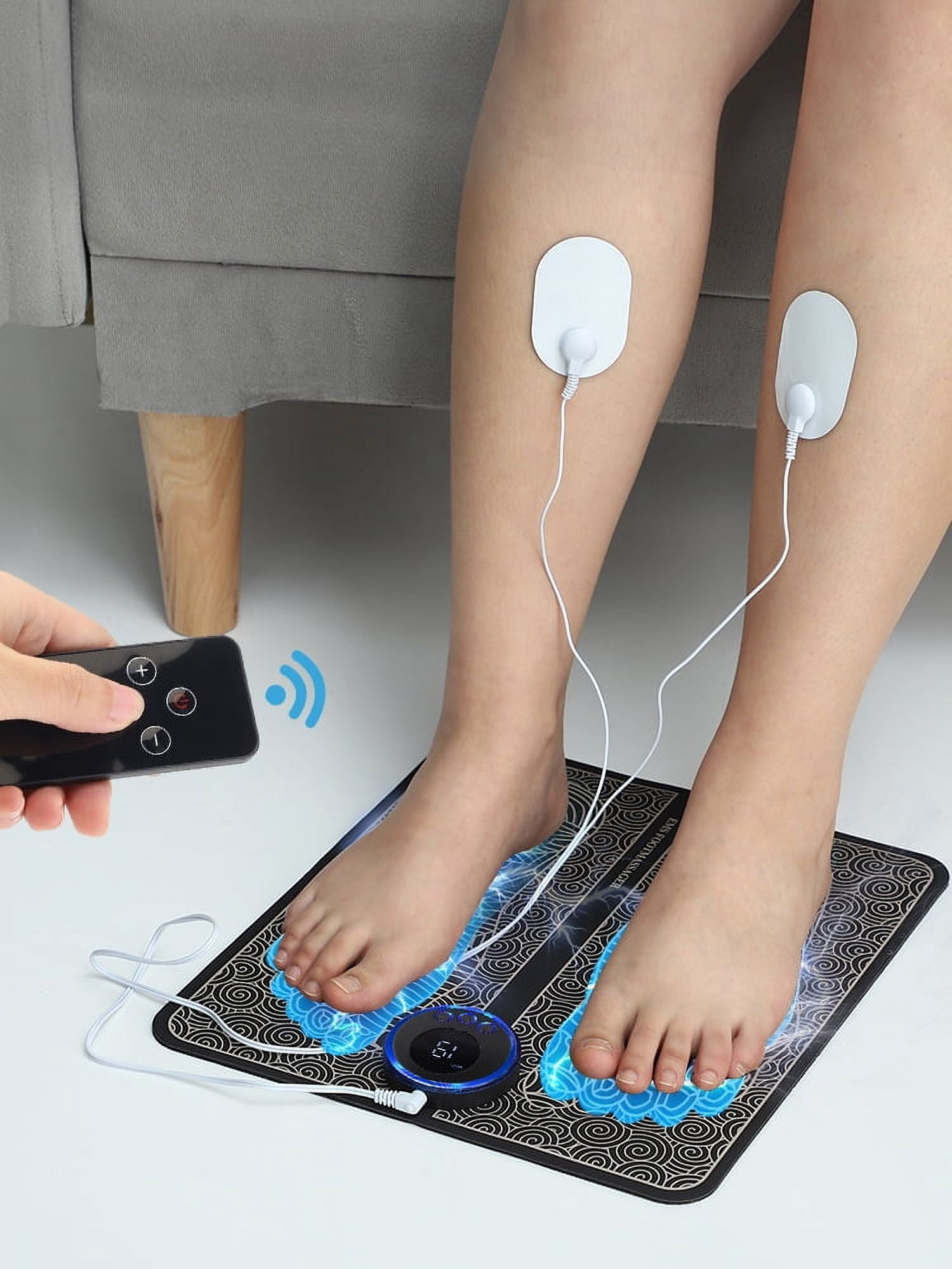 Foot Massager Mat Pad，8-Mode 19-Level Electrode Massage Foot Mat with 2 Pairs of Electrode Pads,Portable Legs Massager Pad Foot Massager Mat Black