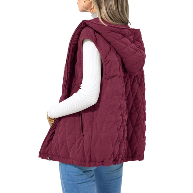 Chaleco PRETTYGARDEN 2025 con Capucha sin Mangas Cierre Completo Vino Rojo XL