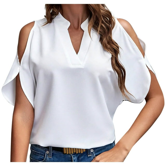 FAIWAD Summer Tops for Women Off The Shoulder V Neck Shirts Solid Color Going Out Blouses