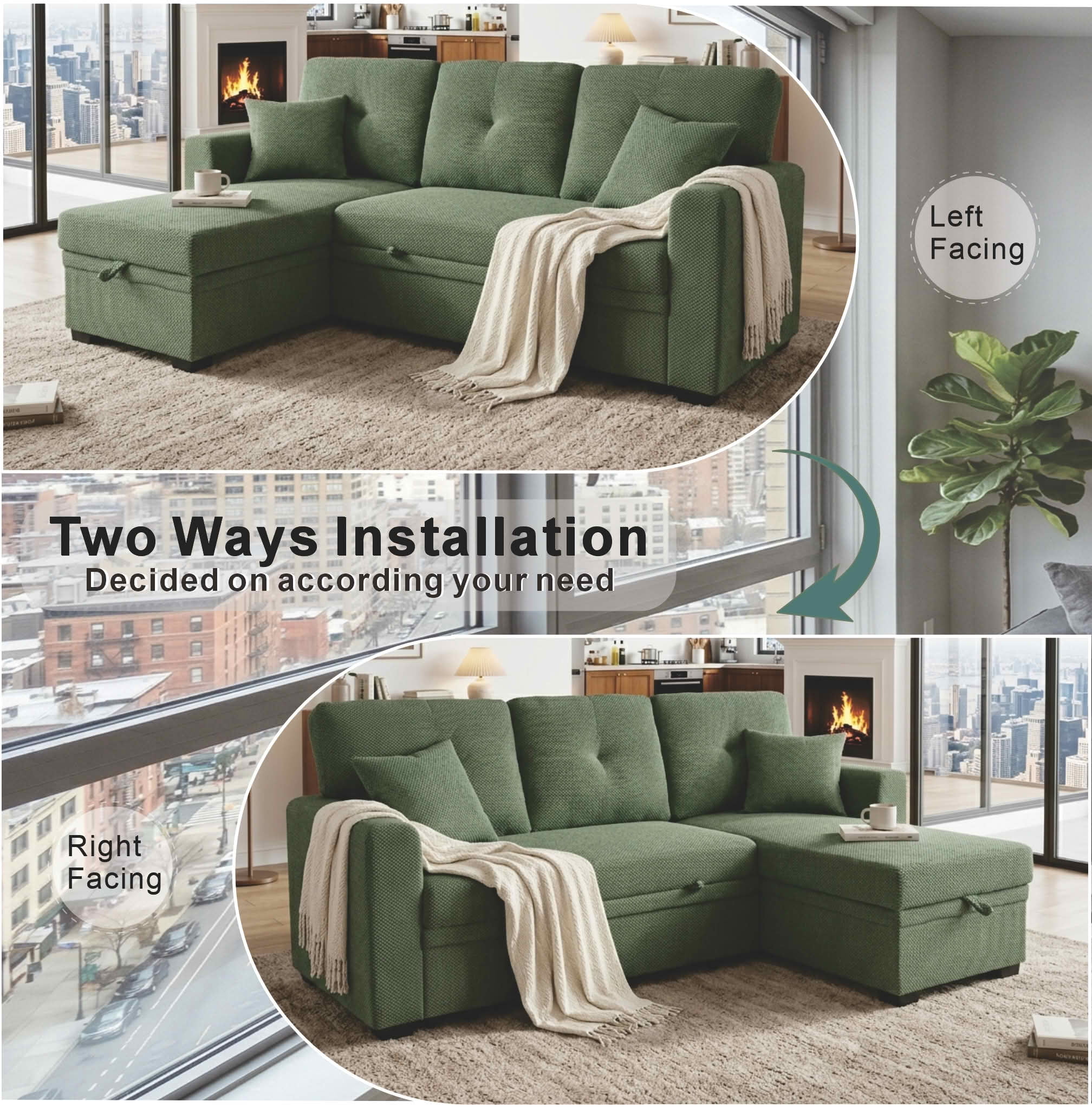 MAYEERTY L‑Shaped Sleeper Sectional Sofa, Convertible Pull‑Out Bed with Reversible Storage Chaise, Dark Gray Breathable Polyester Fabric for Small Living Spaces