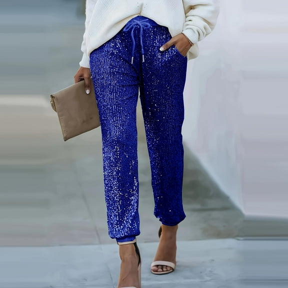 Sequin Pocket Drawstring Pants Women High Waisted Wide Leg Trousers Long Lounge Pants Casual Daily Fashion Gifts for Women | CSEONE,Blue L