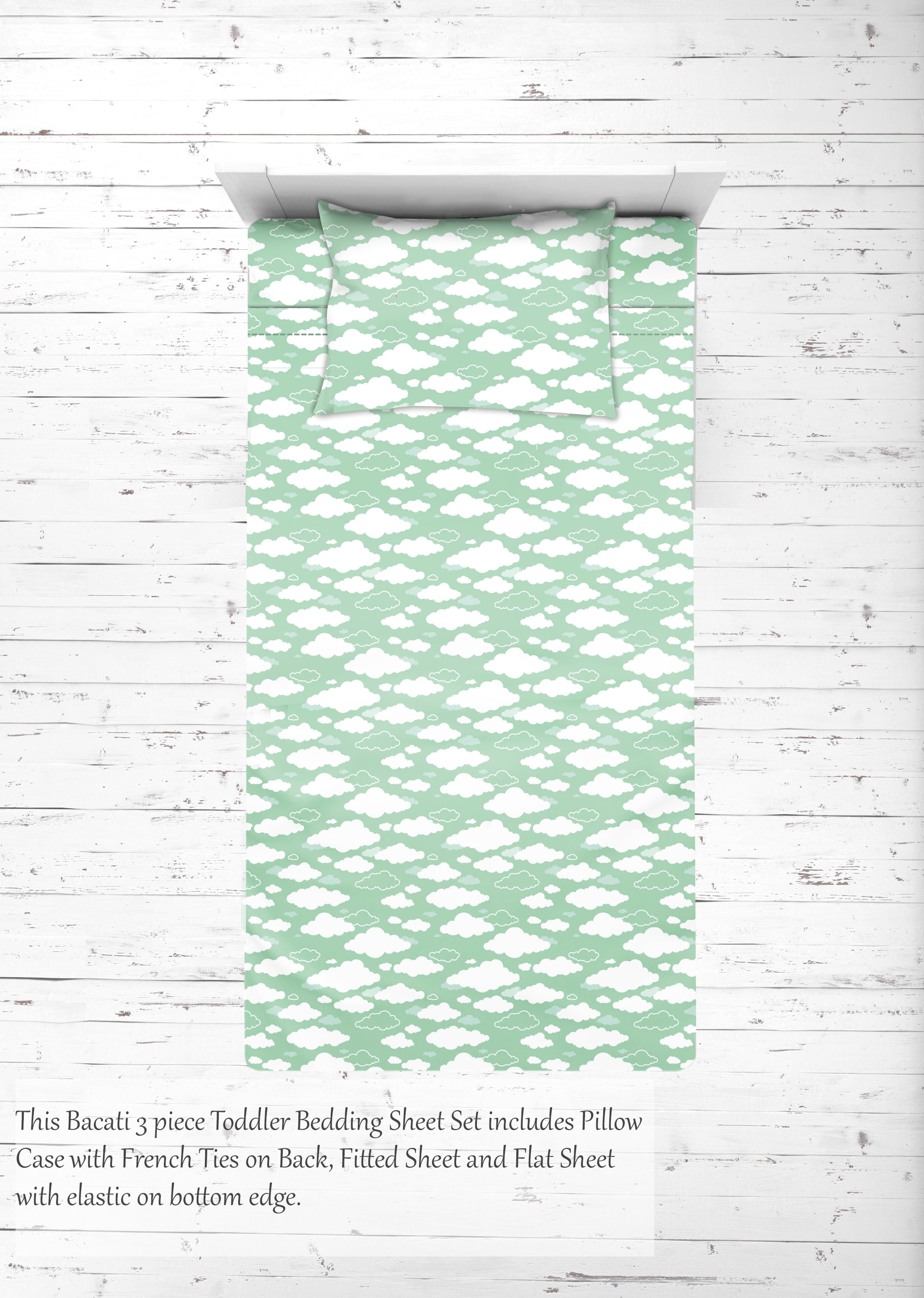 Bacati - Clouds in the City Mint/Grey 3 pc Toddler Bedding Sheet Set