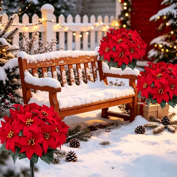 Artificial Poinsettia Garden Stakes, Red Christmas Flower Ground Inserts for Outdoor Yard Lawn Porch Planter & Walkway Decor, Holiday Floral Accent for Winter Garden & Seasonal Displays