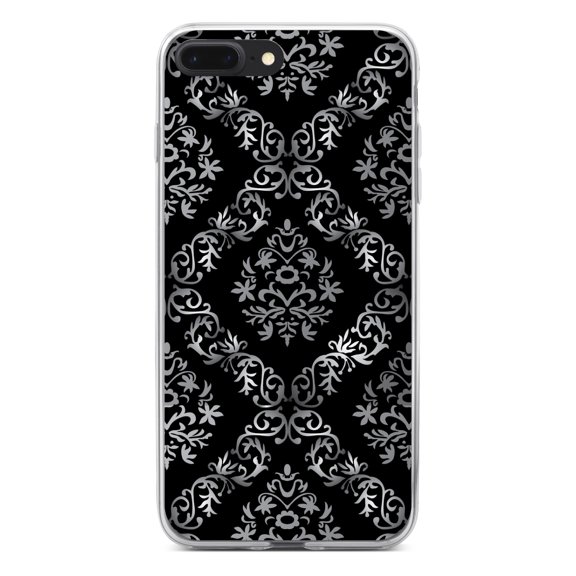 DistinctInk Clear Shockproof Hybrid Case for iPhone 7 PLUS / 8 PLUS (5.5" Screen) - TPU Bumper, Acrylic Back, Tempered Glass Screen Protector - Black White Silver Grey Damask - Floral Damask Pattern