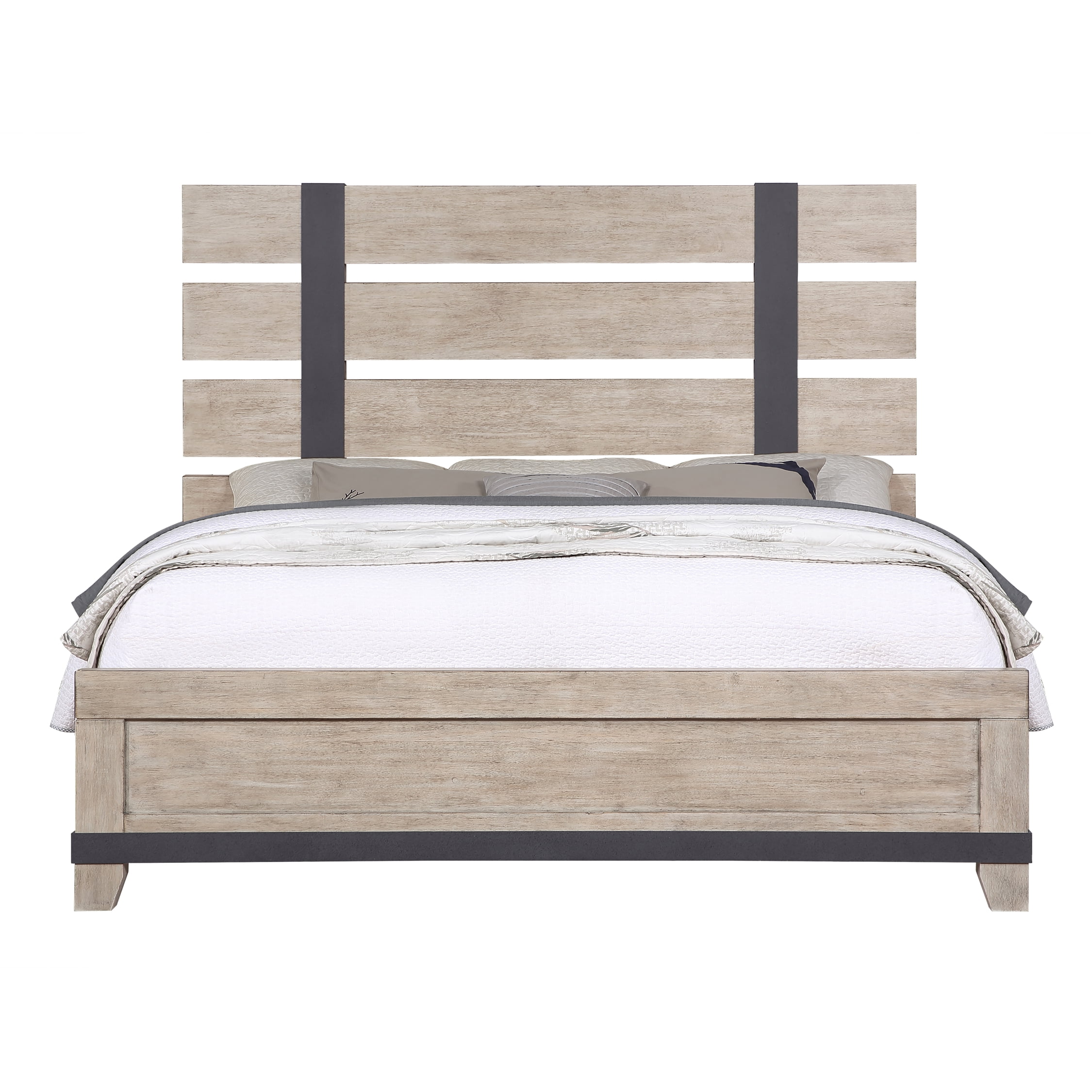 Arbela Wood Slatted Panel Bed with Dresser, Mirror, and Two Nightstands, King, Weathered Oak Finish