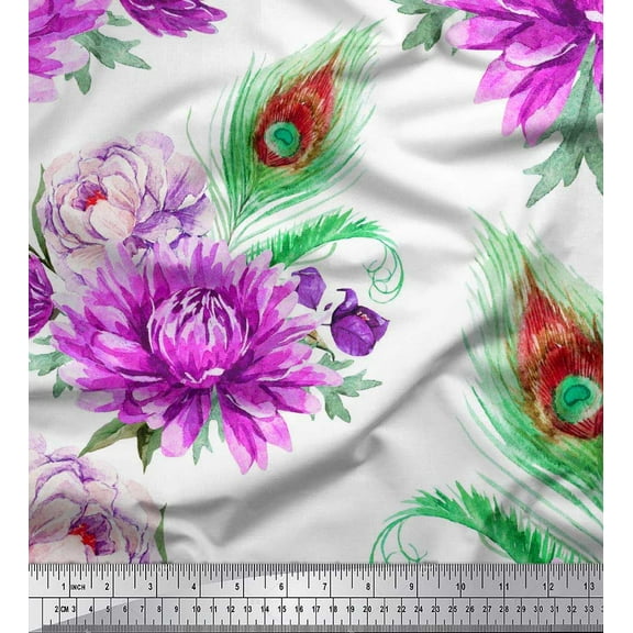 Soimoi Purple Cotton Duck Fabric Peacock Feather & Blue Floral Print Sewing Fabric BTY 42 Inch Wide