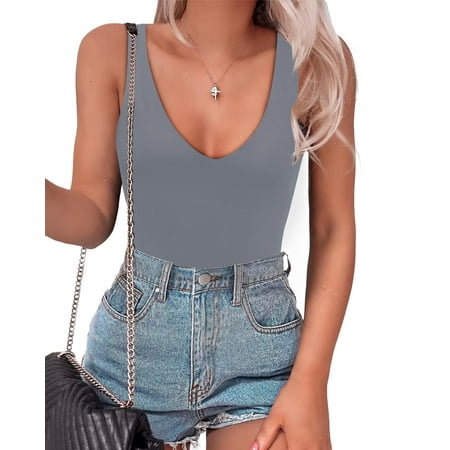 Women s Bodysuit Sexy Plunge Deep V Neck Backless Sleeveless Tank Thong Body Suits Outfits for Going Out White L T