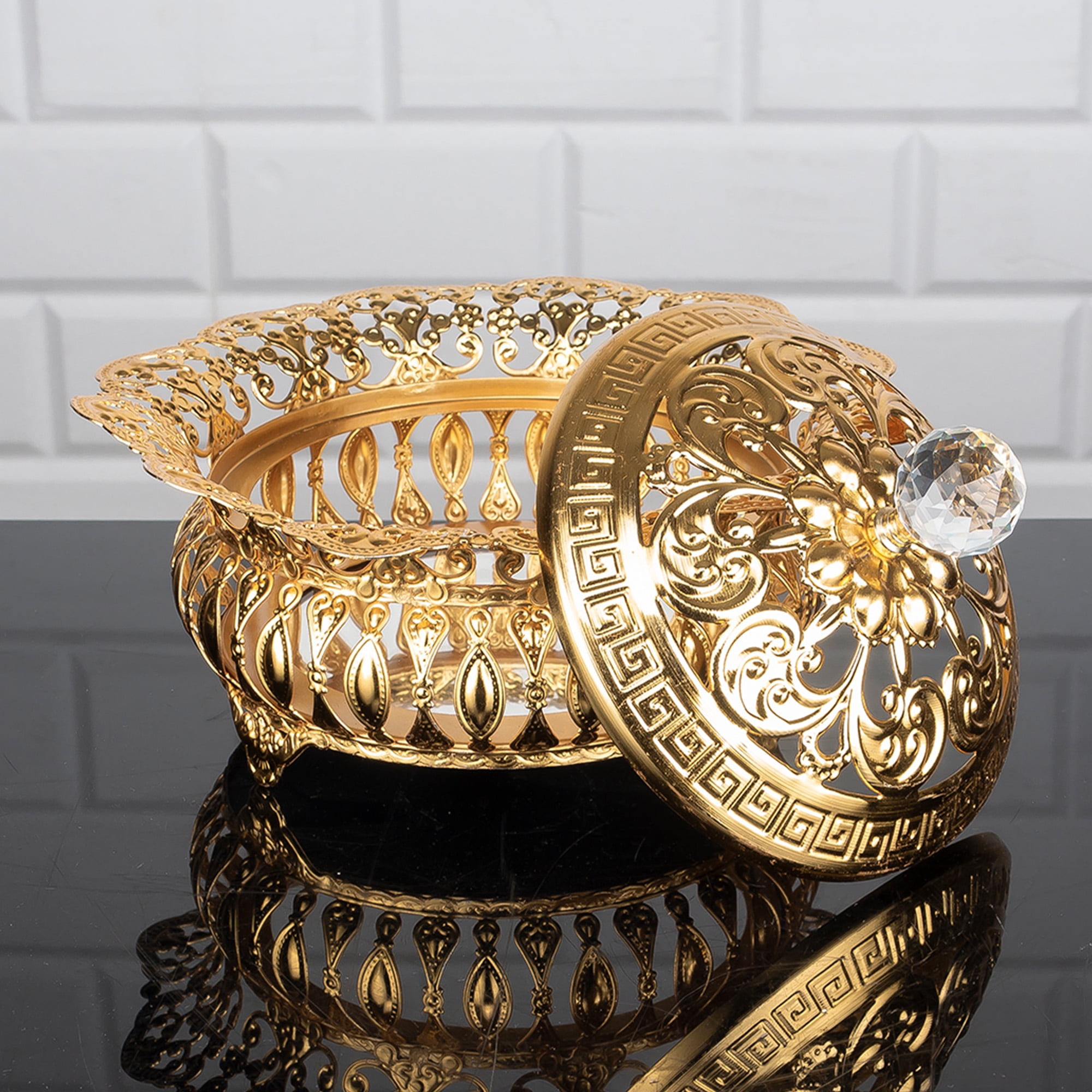 Handmade Fancy Candy Dish, Stainless Metal Decorative Sugar Serving Bowl  with Lid and Crystal Top, Square Gold Candy Jars for Office Desk, 13.4 in 