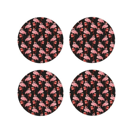 

KLL Drink Coasters Set Round Shape of 4 PU Leather Absorbent Coasters Set Decorative Coffee Cup Coasters Housewarming Gift for Home Decor-New Year Flamingo