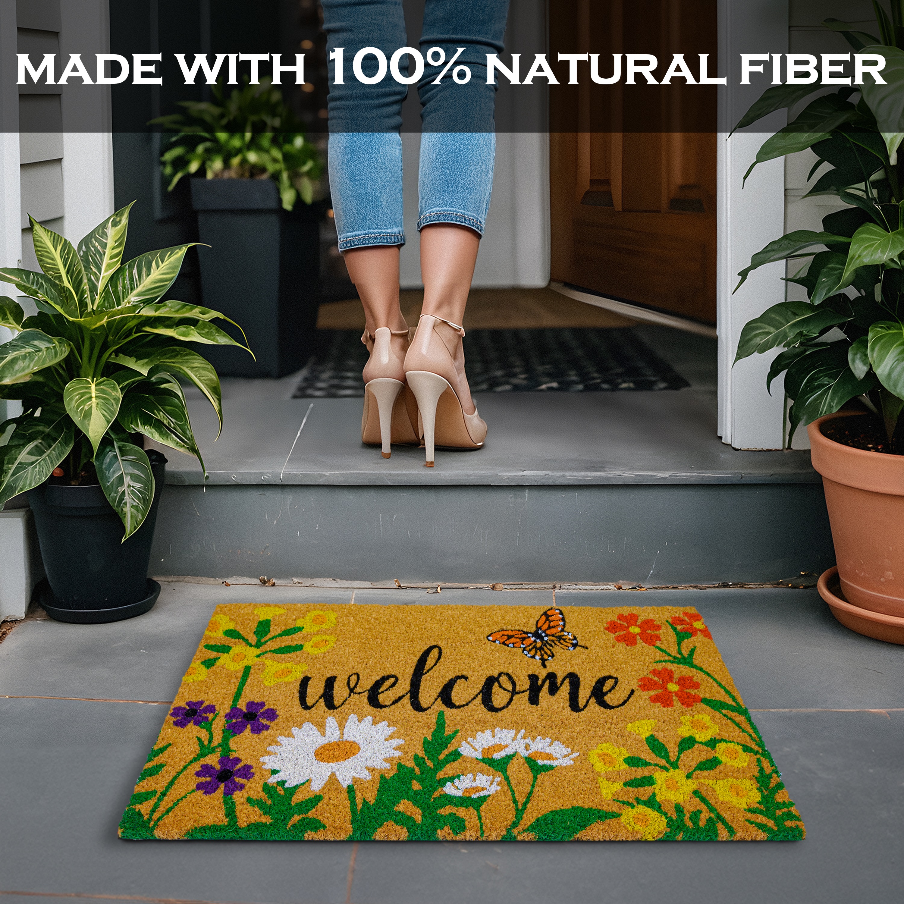 MAINEVENT Floral Coir Doormat 30x17 Inch, Spring Summer Outdoor Welcome Mat for Outside