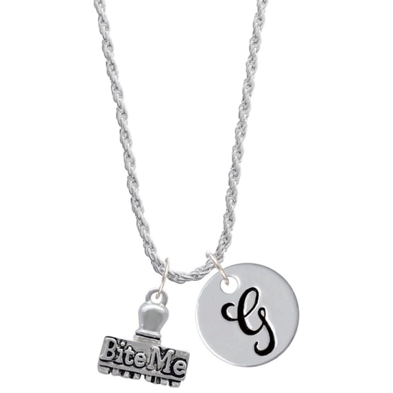 Delight Jewelry Silvertone 3-D ''Bite Me'' Stamp Silvertone Script Initial Disc - G - Charm Necklace, 20"+3"