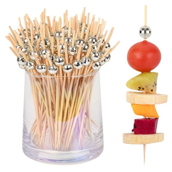 Disco Ball Cocktail Picks, Bamboo Skewers for Appetizers, Disco Party Decorations, 4.7 Inch Long Silver Wooden 300 Pcs