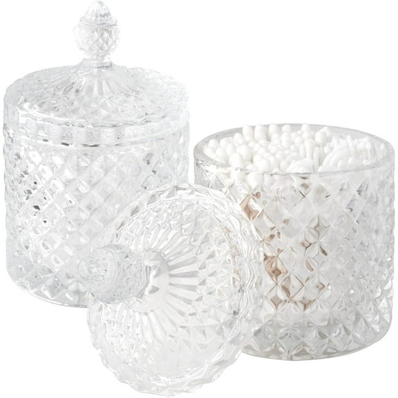 2 Pack Holder Thick Glass Jars with Lid for Bathroom Decor Storage Organizer for Cotton Swabs, Balls, Pads, Floss Picks, Candy, Jewelry, Clear