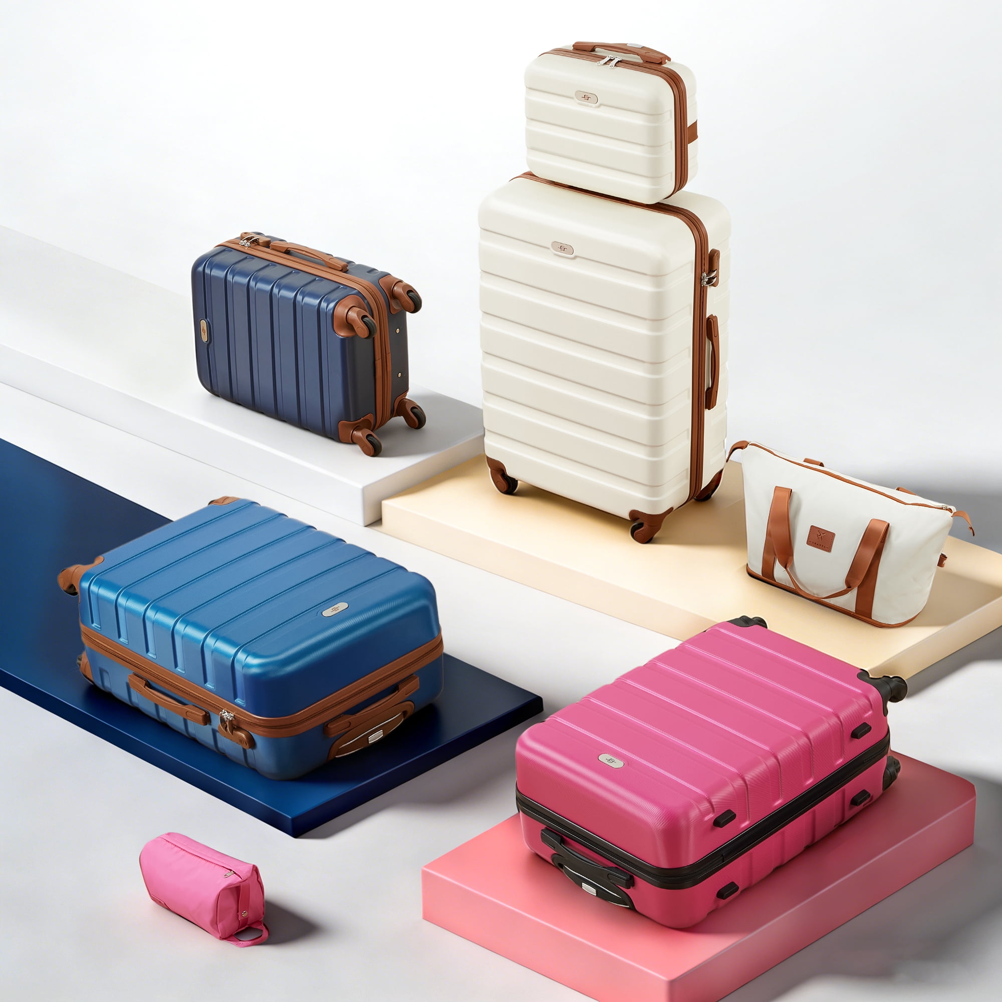 Gowill 7 Piece Luggage Sets,13/16/20/24/28 inch Hardside Lightweight ABS Suitcase With Expandable Duffle Bag (Rose Red)