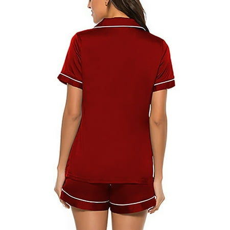 

Women Pajamas Set Button Down Short Sleeve Sleepwear For Home Bedroom Living Room Green Wine Red Black Navy Blue