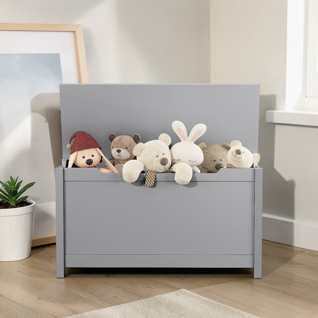 GZXS Wooden Toy Box Storage Chest, 31.5" Flip-Top Bench with Safety Hinged Lid, for Playroom & Bedroom Organization (Gray)