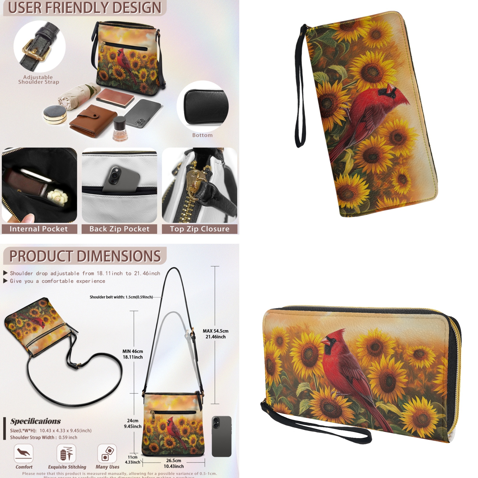 ZUXONGSY Cardinal Sunflower Print Stylish PU Leather Crossbody Purse & Wallet Set for Women, Large Satchel Handbag with Adjustable Strap for Travel & Work for Daily Use