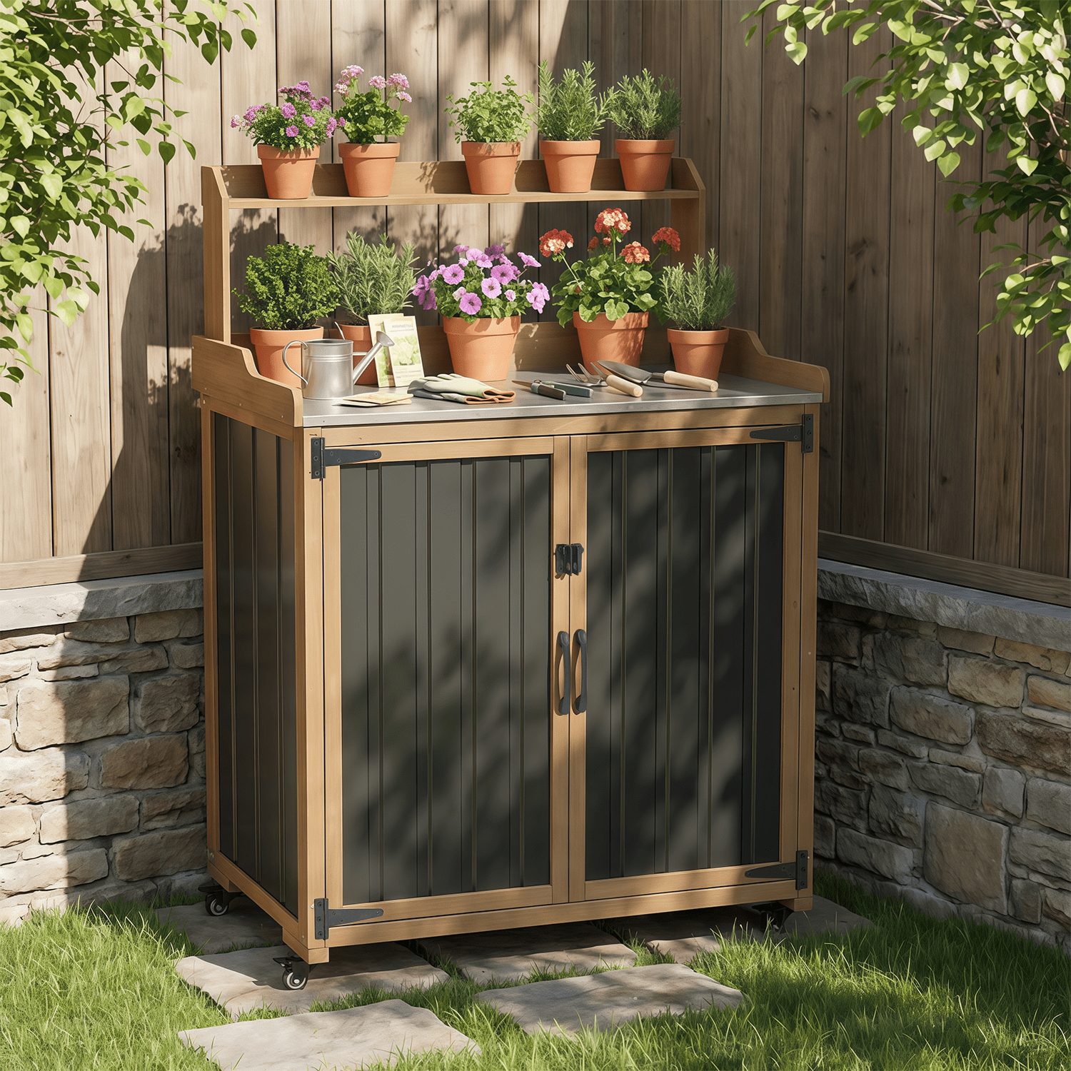 2-in-1 Outdoor Storage Cabinet & Potting Bench, Heavy Duty Metal Top Utility Station for Garden Tools, Easy Assembly
