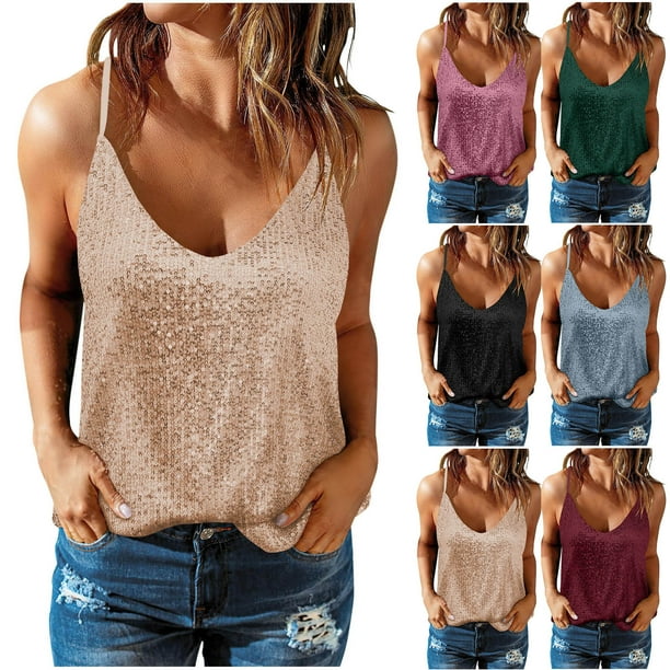 Tops de encaje para mujer,Blusa de lentejuelas, sin mangas, cuello redondo, 95 % poliéster, 5 % elastano, ropa informal para mujer, sopatenor