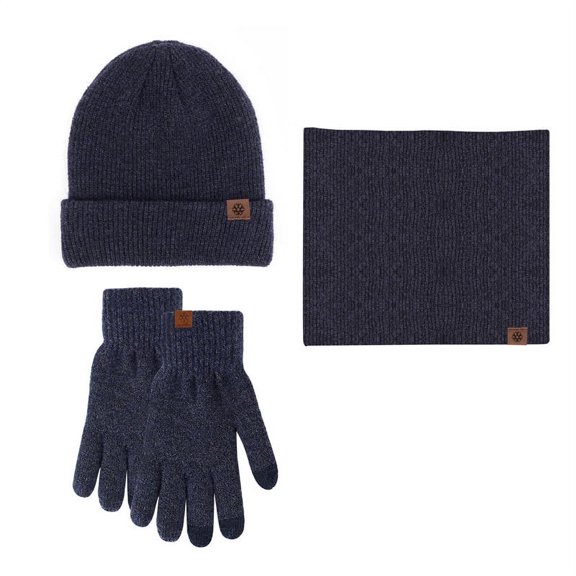Winter Adult Female Hat Scarf Gloves Three-piece Cross-border Knitted Brushed Touch Screen Gloves Outdoor Warm Set Dark Blue