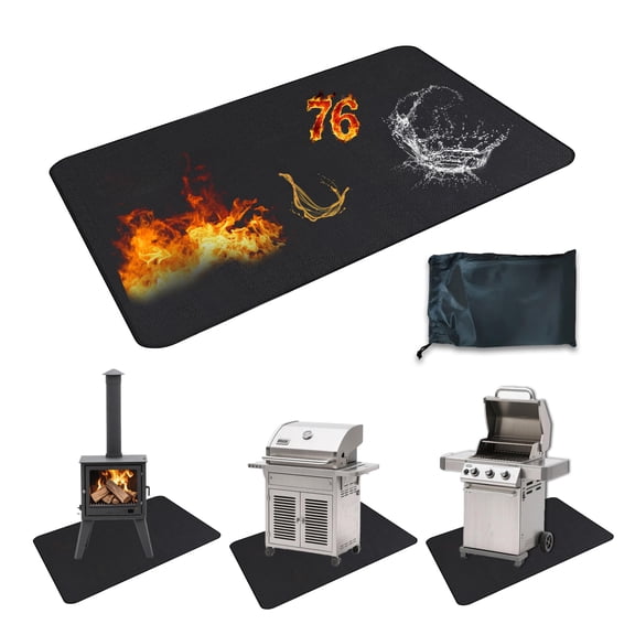 Double-Sided Fireproof Grill Mat, Grill Floor Mat, Heavy Duty 76" x 48" Deck Protector - Waterproof & Oil-Proof, for Outdoor BBQ & Indoor Fireplace, Black