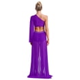 thumbnail image 2 of TSSOE Women Shiny Lyrical Dance Dress One Shoulder Flared Sleeve Flowy Split Dress Modern Dancewear Purple XL, 2 of 7