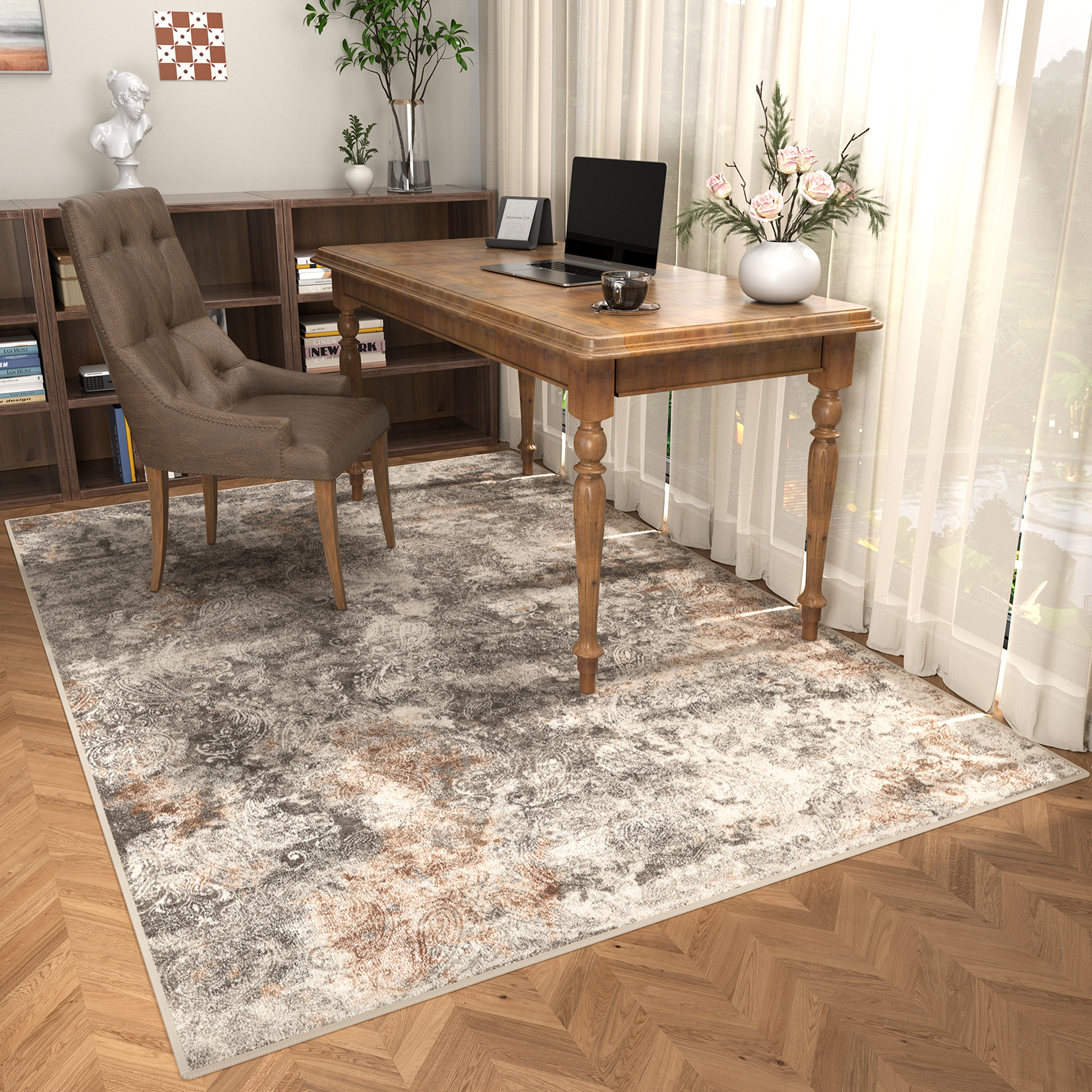 Washable Area Rug for Living Room, NovDeco 5'x7' Non-Slip Neutral Abstract Beige Indoor Rug, Soft Low Pile Stain Resistant Carpet for Bedroom Nursery