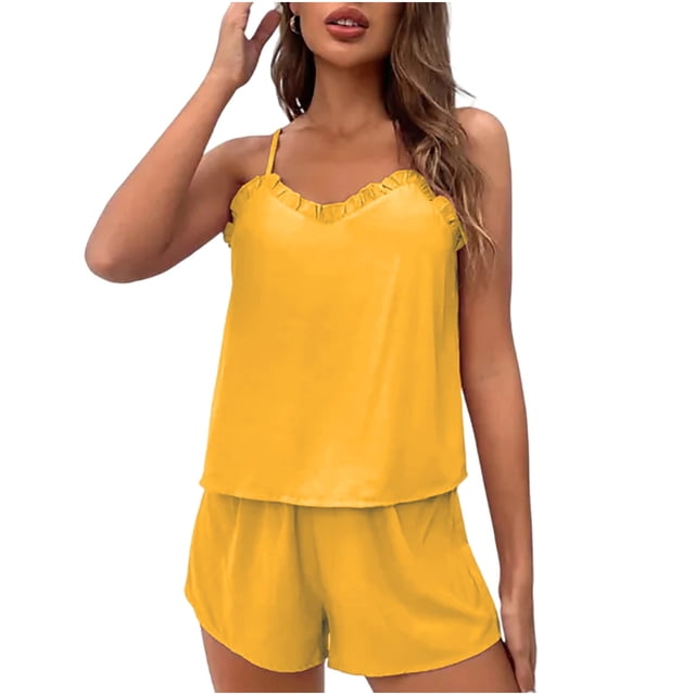 Ensemble de Pyjama d'Été pour Femmes 2 Pcs Cami à Volants et Shorts Bretelles Réglables Lingerie de Nuit Confortable Tenue de Détente