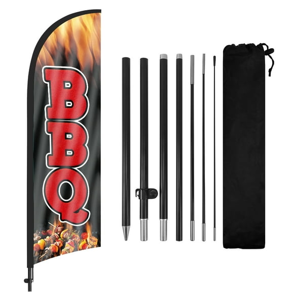 QSUM BBQ Sign Feather Flag with Pole Kit,7FT BBQ Decoration Display, BBQ Business Sign,BBQ Swooper Flag
