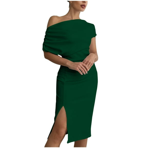 BangWanChi Sundresses for Women 2026 Women's One-shoulder Irregular Slit Dress Short-sleeved One-shoulder Knee-length Dress