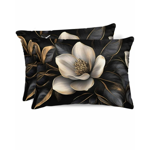 Hokiten King Size Pillow Cases Set of 2, Pillow Covers for Bed, Black Gold Flower Satin Pillowcases with Zipper for Hair/Skin, Gradient Luxurious Floral Botanical 20x36 Inches