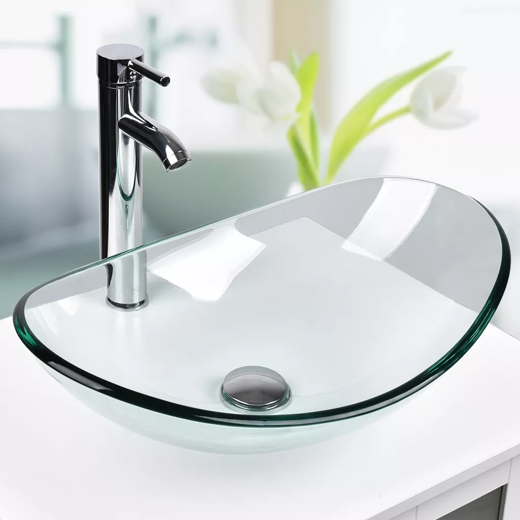 ELECWISH Bathroom Sink and Faucet Combo Artistic Tempered Glass Vessel Sink Basin Washing Bowl Set, Cabinet Countertop Sink with Chrome Faucet Pop-up Drain (Oval)