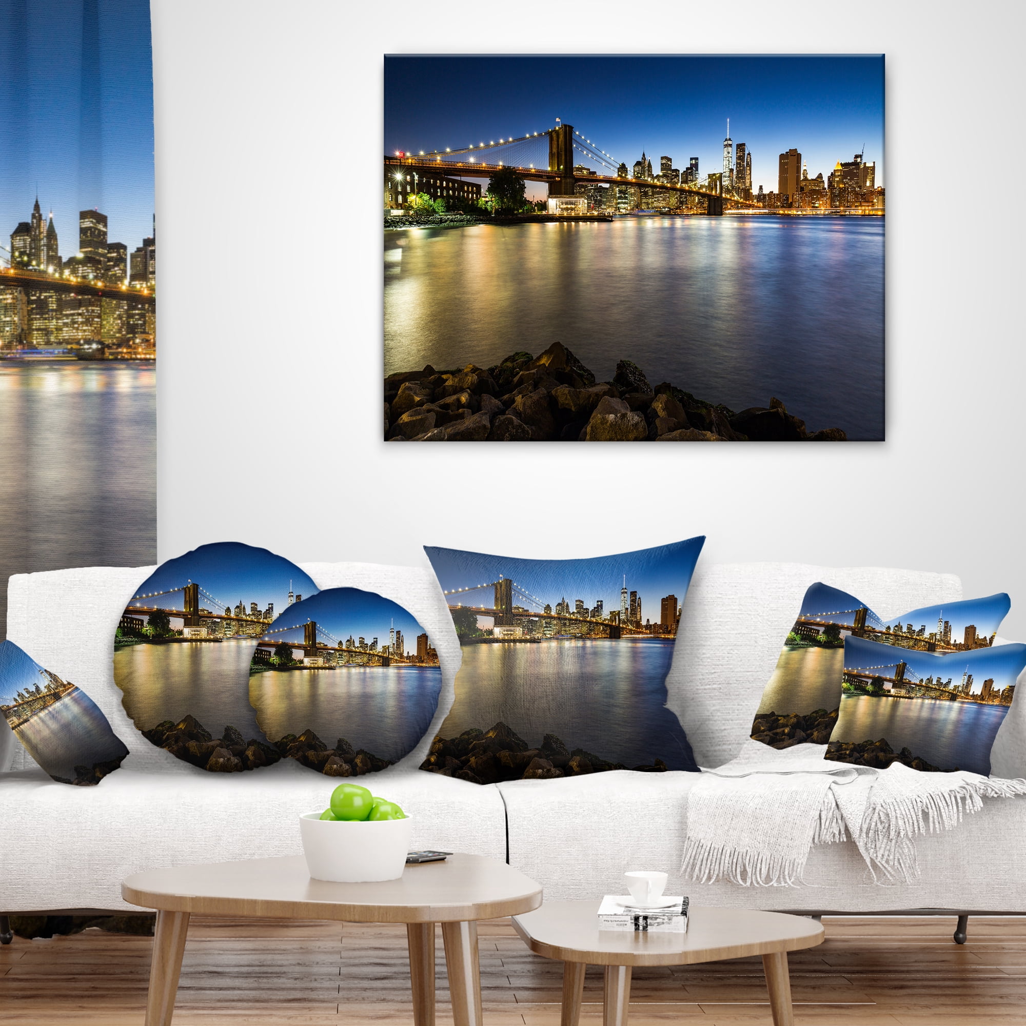 Designart Distant View of Brooklyn Bridge - Cityscape Throw Pillow - 16x16