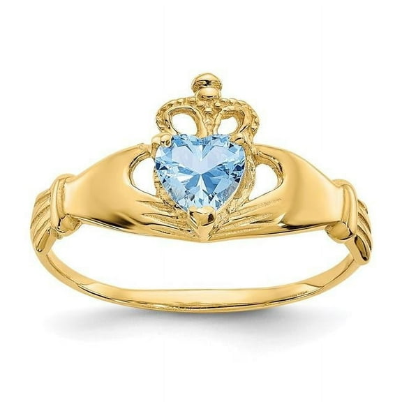 Primal Gold 10 Karat Yellow Gold Cubic Zirconia March Birthstone Claddagh Heart Ring