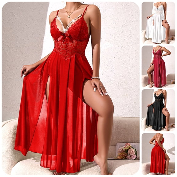 Idoravan Womens Lace Nightgowns Sexy Long with Deep V-Neck Fashion Women's Casual Solid-Color Dress Sleeveless Dress Lace Homewear Netting Nightgown Dress