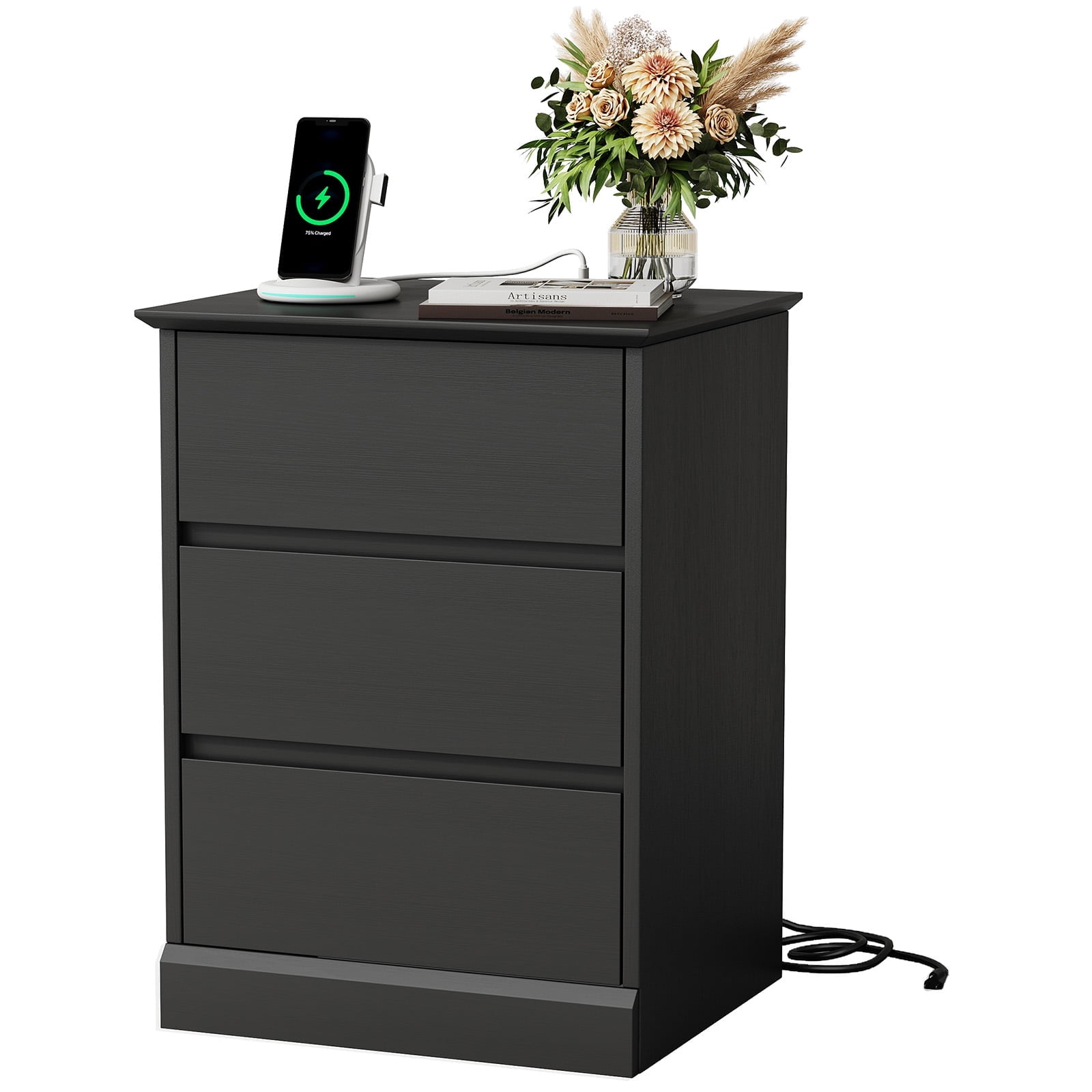 Black Nightstand,3 Drawers Nightstand with Charging Station, Bedside Table with Storage for Living Room Bedroom