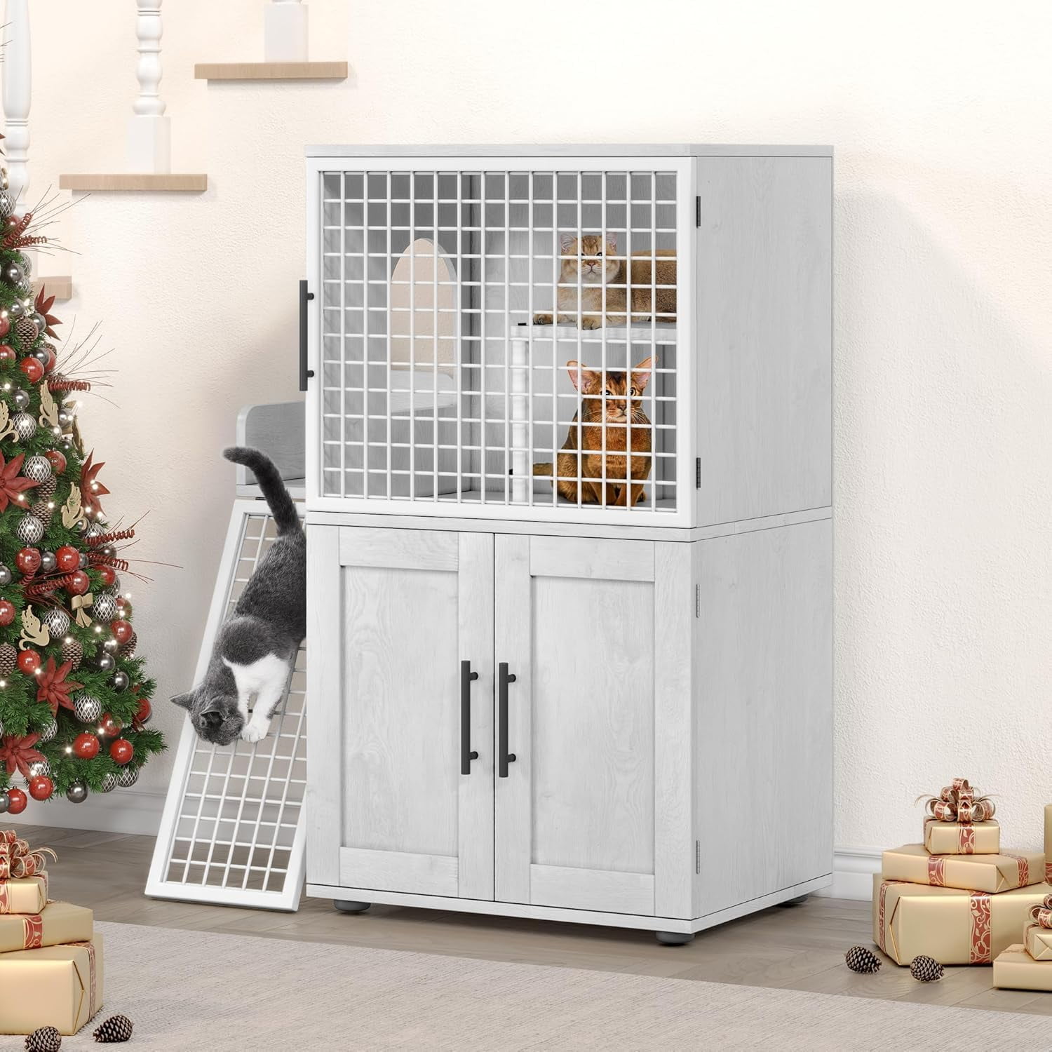 Modern Villa Litter Box Enclosure with Platform – Double Layer Hidden Furniture for Indoor Cats, Washroom Cat House with Ladder, 33.5" L x 17.9" W x 41.9" H, Stylish Enclosed Cat Litter Box