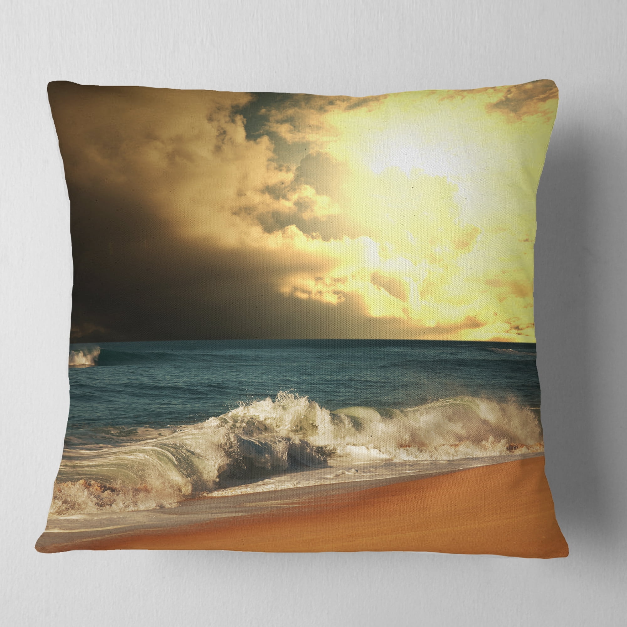 Designart Rushing Waves under Cloudy Sky - Seashore Throw Pillow - 16x16