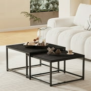 Wisfor Set of 2 Square Coffee Tables Living Room Nesting End Side Tables, Black Stoned Top, Metal Frame