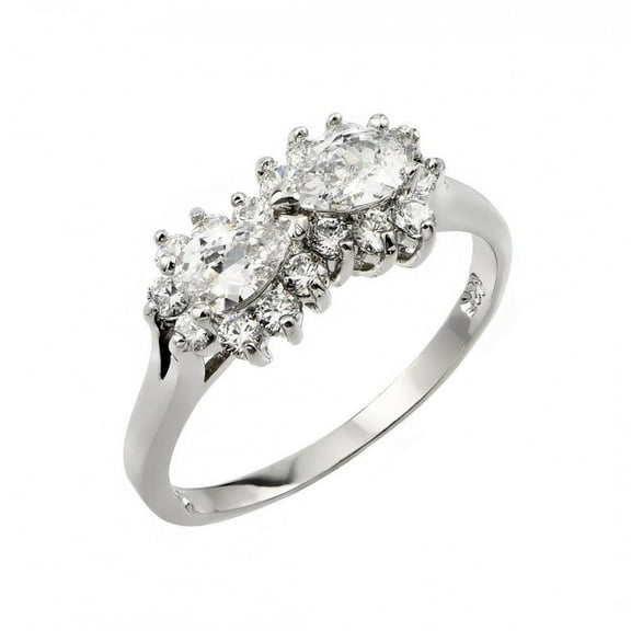 Sterling Silver .925 Rhodium Plated Double Cluster Clear CZ Ring White Jewelry Female Size 7