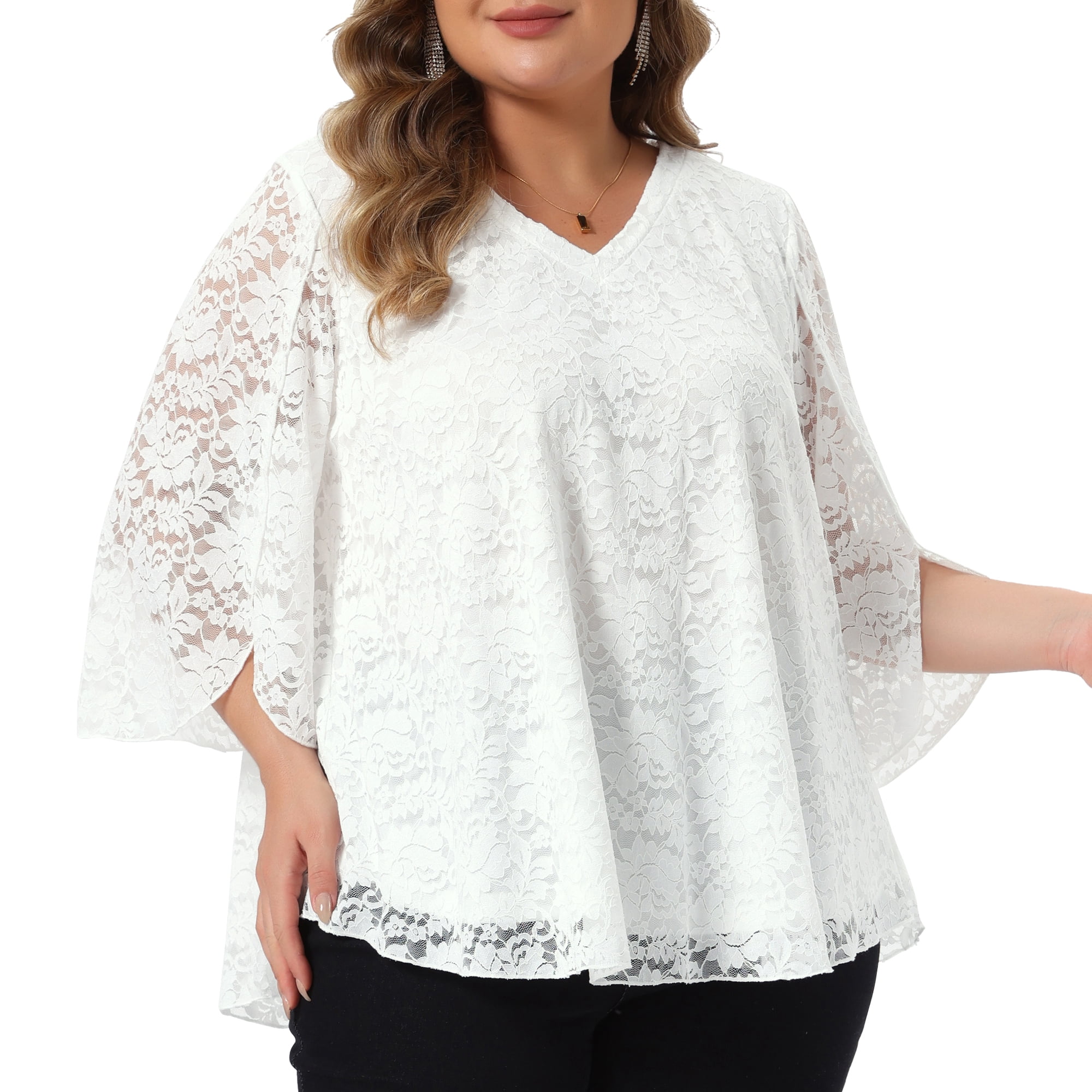 DARING DIVA Women's Plus Lace Top V-Neck Bell Sleeve Blouse Tunics 1X White