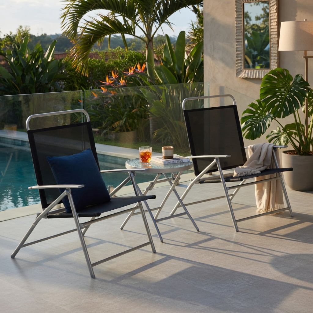 Hommoo 3-Piece Folding Outdoor Patio Chair Set with Tempered Glass Coffee Table, Metal Conversation Set for Backyard, Poolside & Balcony, Black