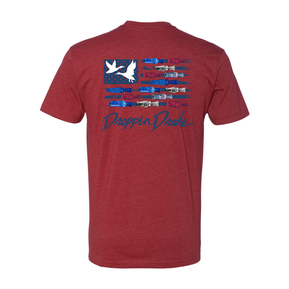 Mens Droppin Drake USA Duck Call Flag Blue Letters Cotton Polyester Blend Short Sleeve T-Shirt-Cardinal-Medium