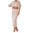 thumbnail image 5 of Douhoow 2 Piece Women Knitted Beach Outfits Set Summer Hollow Out Short Sleeve Lapel Crop Top Shirts + Long Skirts, 5 of 8