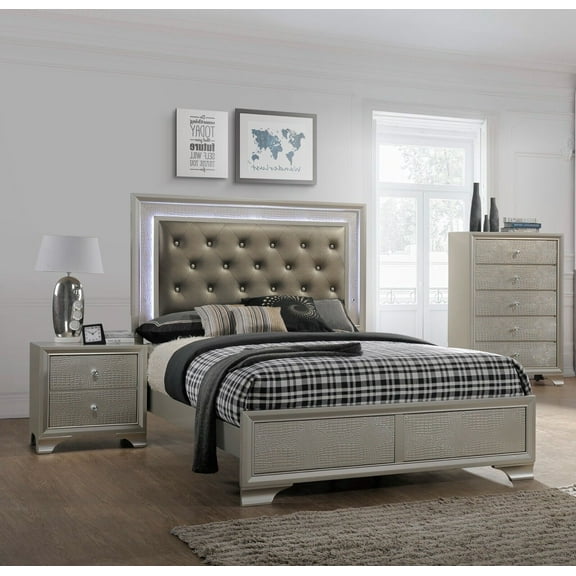 Modern 3pc Queen Size Upholstered LED Backlit HB Panel Bed Chest Nightstand Set Bedroom Furniture